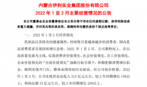 伊利股份:2022年1至2月利润总额同比增长20%以上